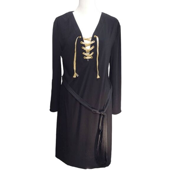 Emma & Michele Black Lace Front Belted Shift Dress Sz M - Picture 1 of 6